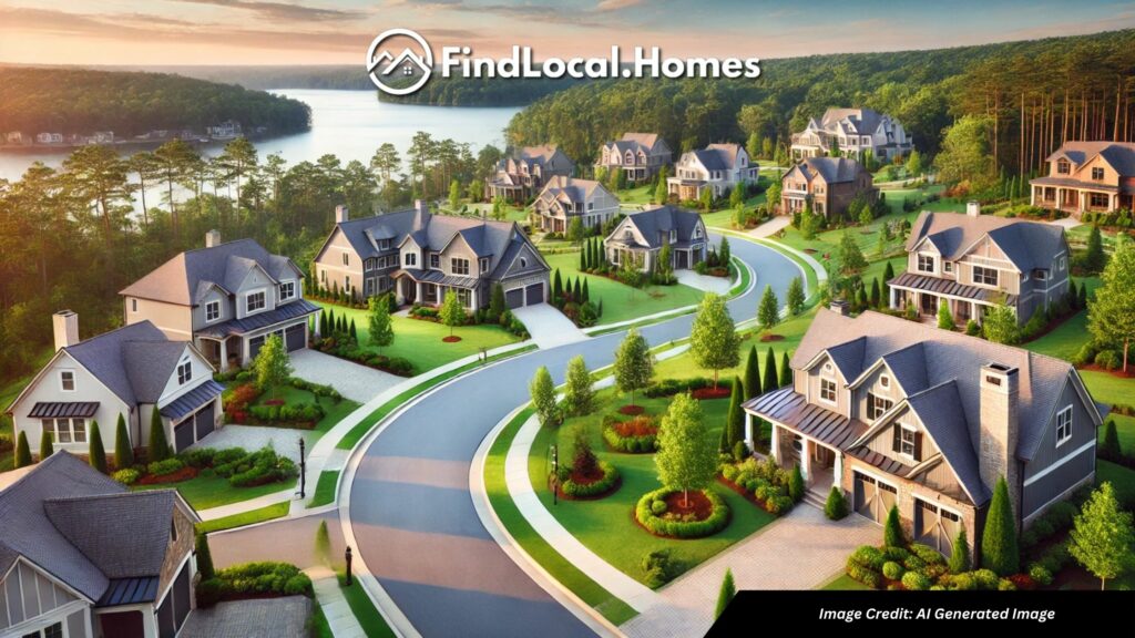 A beautiful neighborhood in Lake Arrowhead, Waleska, GA, featuring modern single-family homes with well-maintained lawns, tree-lined streets, and a clear sky.