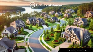 A beautiful neighborhood in Lake Arrowhead, Waleska, GA, featuring modern single-family homes with well-maintained lawns, tree-lined streets, and a clear sky.