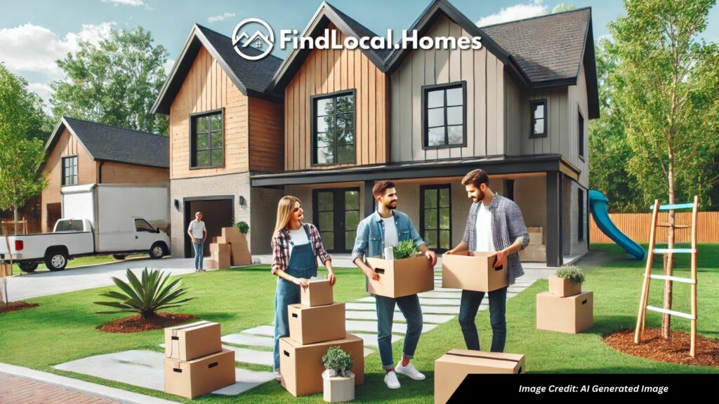 unpacking moving boxes in front of a modern home in Lake Arrowhead, Waleska, GA. The home has a well-maintained lawn and the family looks happy and excited.
