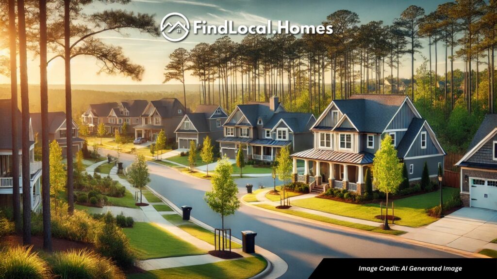 A neighborhood in Lake Arrowhead, Waleska, GA, showing modern single-family homes with well-maintained lawns, tree-lined streets, and a clear sky.